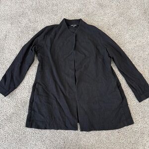 Eileen Fisher Black Cotton Tencel Stretch Grid Open Jacket Pockets Women’s L
